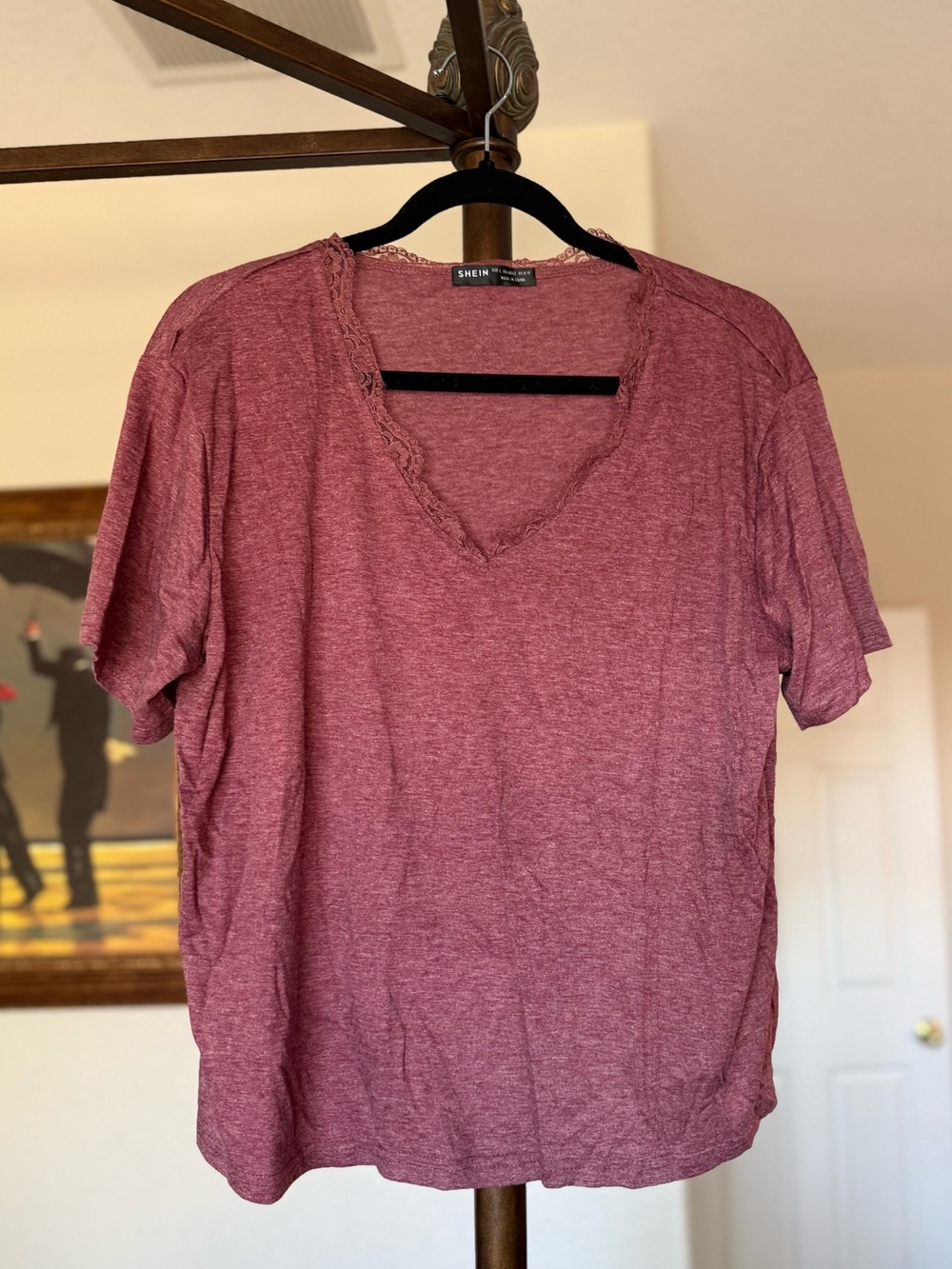 SHEIN V-Neck Lace-Trim Short Sleeve Tee